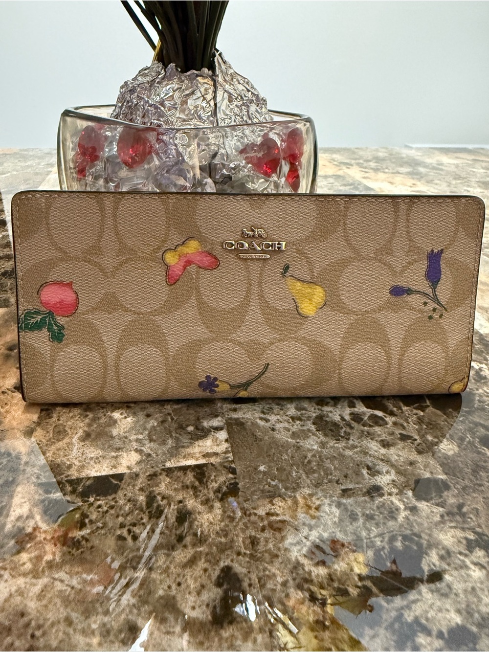 Coach Beige Signature Floral Zip Clutch Wallet with Colorful Accents